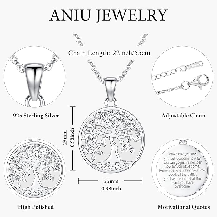 Aniu Tree of Life Necklace for Women, 925 Sterling Silver Mother of Pearl Family Palm Tree Charm Pendant Jewelry for Birthday Christmas Gift