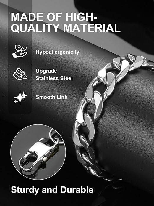 ChainsPro Men Sturdy Figaro/Cuban Chain Bracelet, 6/9/13mm Width, 7.48/8.26inch Length, 316L Stainless Steel/18K Gold Tone/Black- Send Gift Box