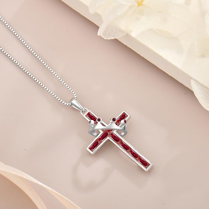 Gemstone Crown Cross Necklaces for Women, 925 Sterling Silver Rectangular cut Zircon Pendant With Rotated Crown Faith Cross Jewelry Gift