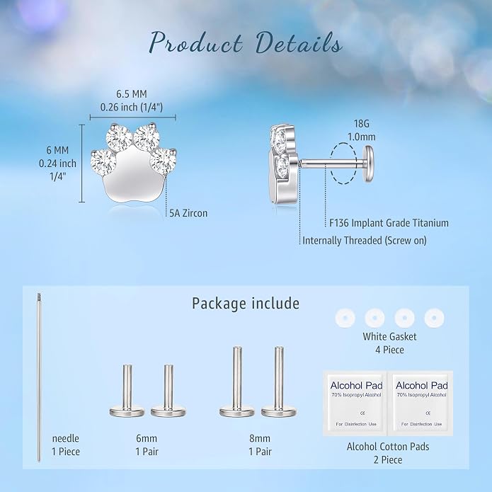 Limerencia 2Pcs 18g Titanium Internally Threaded Tragus Piercing Jewelry Nose Studs Flat Back Earrings Labret, Lip, Helix, Cartilage, Conch, Medusa Piercing for Women Men Sensitive Ears