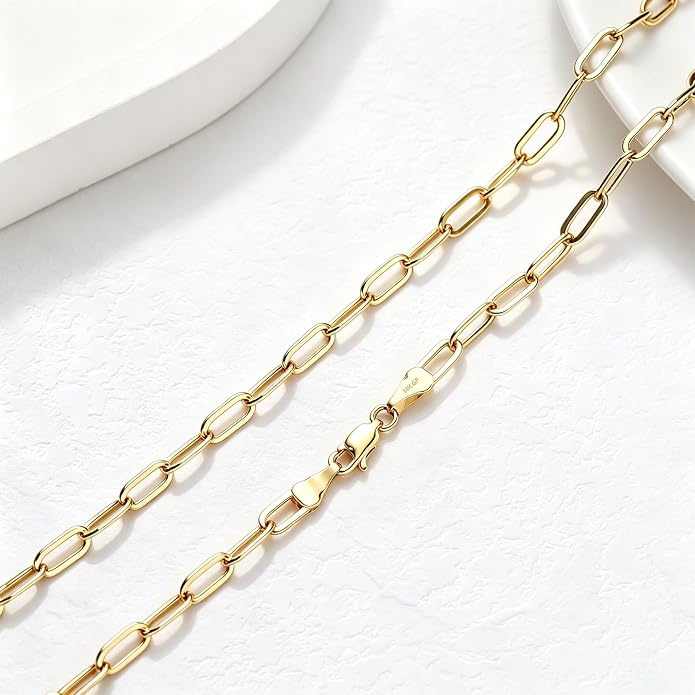 NOKMIT 14K Gold Filled Paperclip Necklace for Women Men, 3mm/4mm/5mm Rectangular Paper Clip Link Chain, 16-24 Inches, Hypoallergenic, Non-Tarnish, Dainty Unisex Jewelry, Cadenas de Oro 14K para Mujer