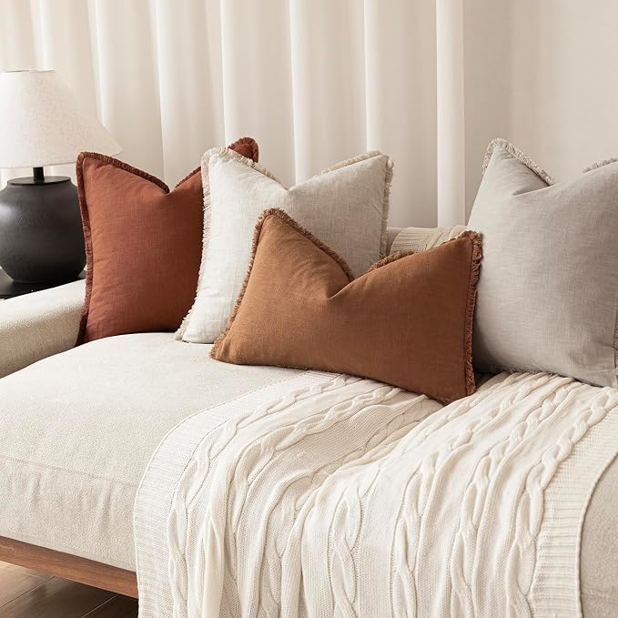 Foindtower Set of 2 Decorative Linen Fringe Throw Pillow Covers Boho Farmhouse Cushion Cover with Tassels Soft Accent Pillowcase for Couch Sofa Bed Living Room Home Decor,22×22 Inch,Orange Brown