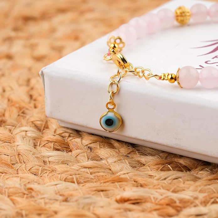 AAA Grade Natural Gemstone Beaded Bracelet, 14K Gold Plated with Evil Charm, Wicca & Reiki Healing Crystals, Handmade Bohemian Jewelry, Christmas Gift for Women (7+1inch)