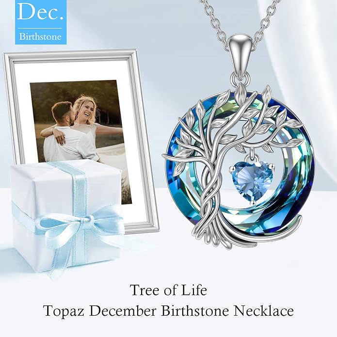 TOUPOP Tree of Life Birthstone Necklaces 925 Sterling Silver Irish Celtic Tree Pendant with Blue Crystal Birthday Jewelry Gifts for Women Mom Wife Her