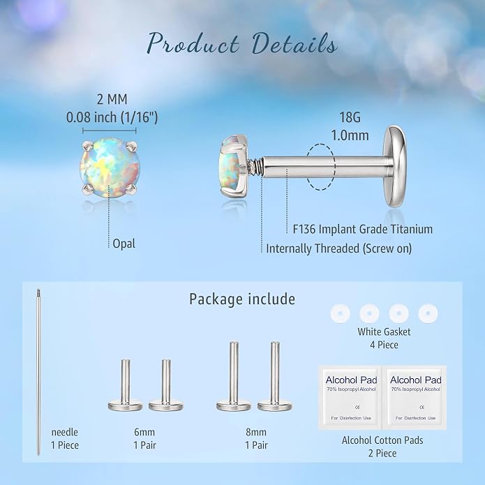Limerencia 2Pcs 18g Titanium Internally Threaded Tragus Piercing Jewelry Nose Studs Flat Back Earrings Labret, Lip, Helix, Cartilage, Conch, Medusa Piercing for Women Men Sensitive Ears