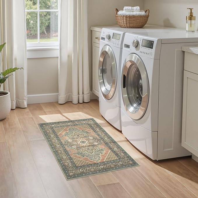 Tortania Area Rug 2x3 Doormat - Washable Vintage Oriental Farmhouse Soft Thin Indoor Carpet for Living Room Bedroom Hallway Entryway Kitchen - Sage Terracotta