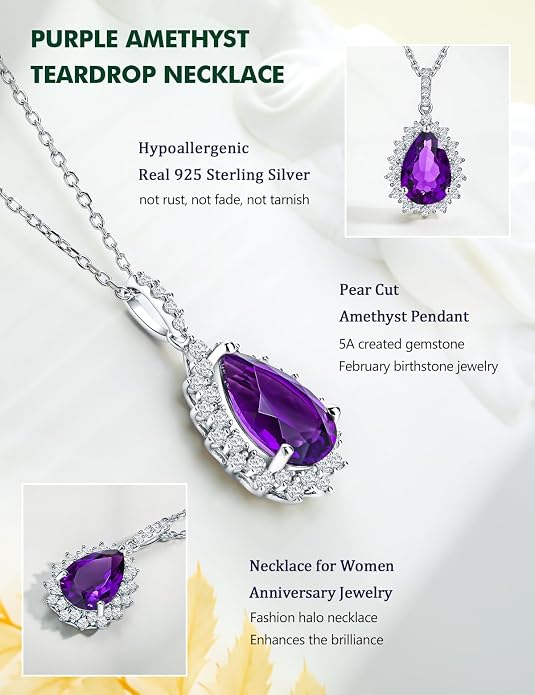925 Sterling Silver Teardrop Necklace for Women Huge Created Gemstone Solitaire Halo Pendant Pear Cut Birthstone Necklace