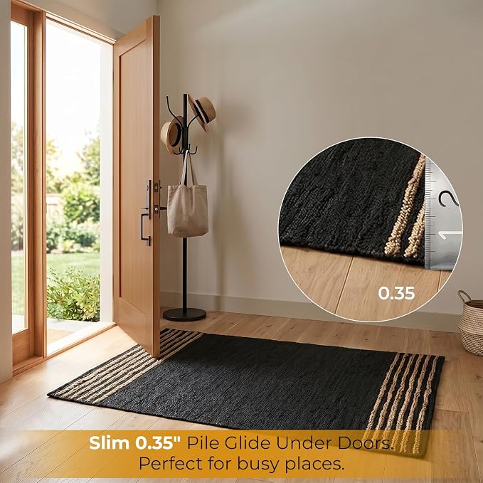 GRUHUM Black Jute Area Rug 8x10ft - Natural Fiber Black Leather Rectangular Handwoven Boho Farmhouse Soft Braided Eco Friendly Vintage Rugs for Indoor Living Room Bedroom Kitchen Hallways 8'x10' Large