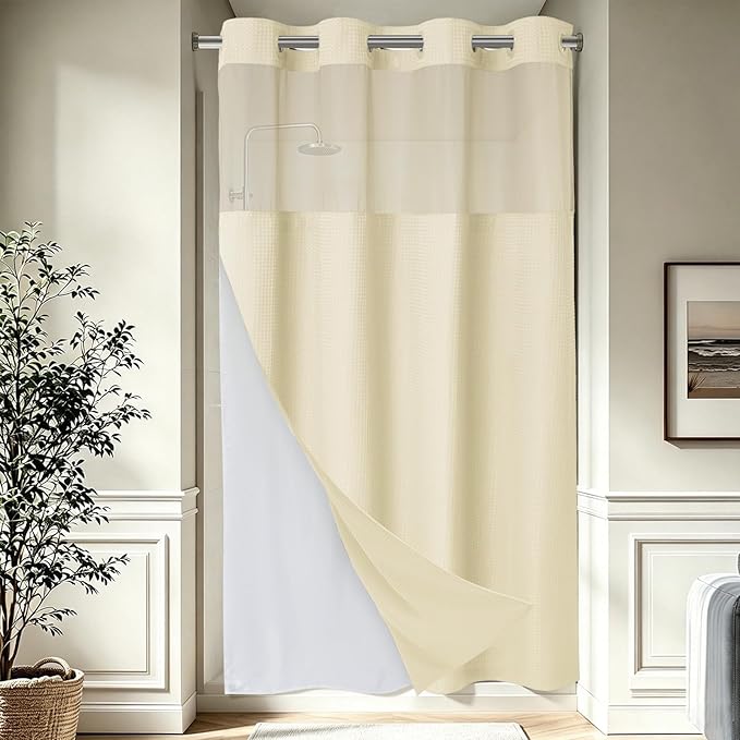 EUTXL Heavyweight Ivory Stall Hotel Shower Curtain with Detachable Liner - 256GSM Waffle Textured,Hotel Grade,Spa Like Bath Curtain,54W x 80H