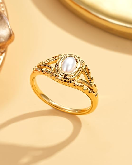 YeGieonr Non Tarnish Gold Signet Rings for Women - Waterproof 18K Gold Plated Stainless Steel Pearl Ring, Statement Ring for Everyday Wear