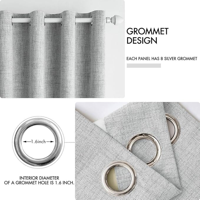 MIULEE Linen Curtains for Bedroom 100% Blackout Thermal Insulated Glacier Gray Grommet Room Darkening Curtains & Drapes for Living Room 52 x 63 Inch (2 Panels)