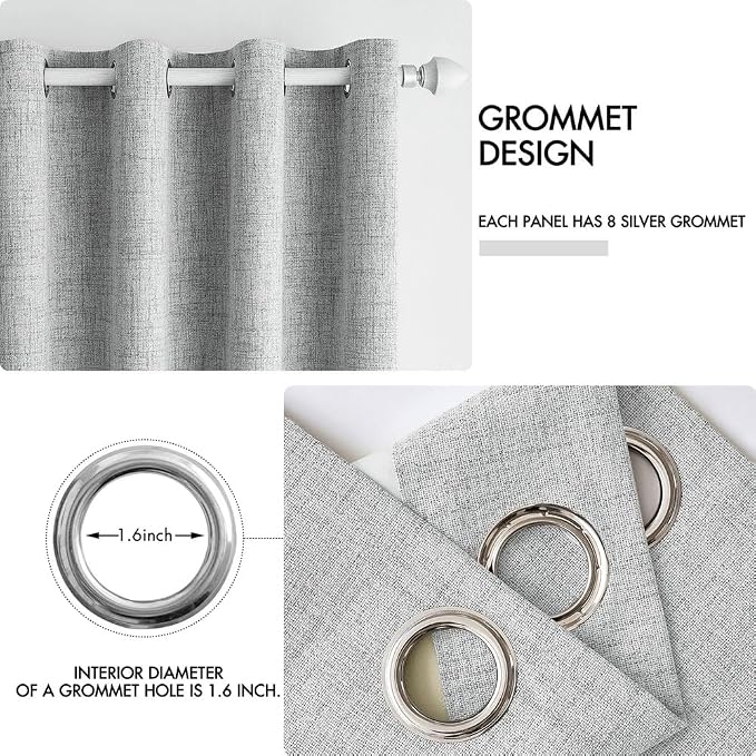 MIULEE Linen Curtains for Bedroom 100% Blackout Thermal Insulated Glacier Gray Grommet Room Darkening Curtains & Drapes for Living Room 52 x 90 Inch (2 Panels)