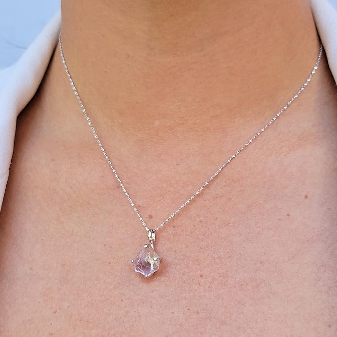 Natural raw gemstone pendant chain necklace with white gold over 925 solid sterling silver, birthstone dainty solitaire gift for her, uniquelan jewelry