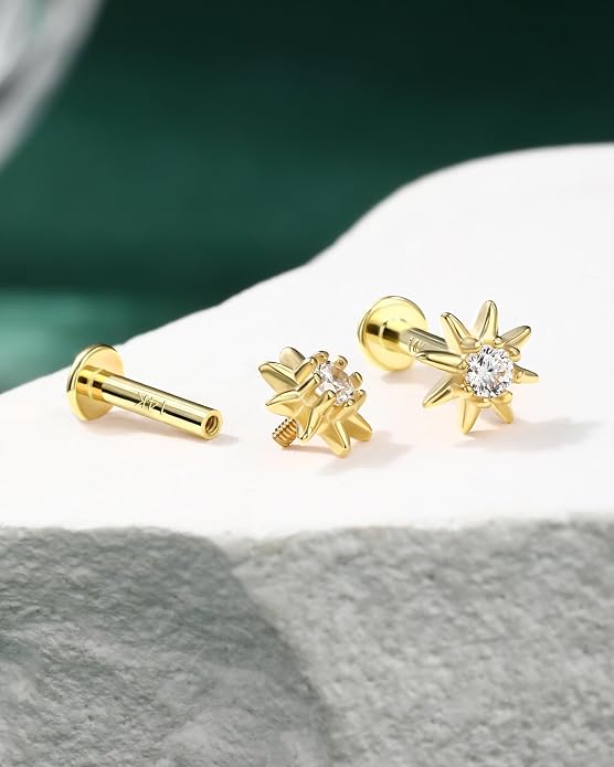 COCHARM 14K Real Gold Helix Cartilage Conch Earring Stud 16g Flat Back Sun Helix Cartilage Conch Tragus Piercing 16g Yellow Gold Internally Threaded Star Tragus Stud Jewelry