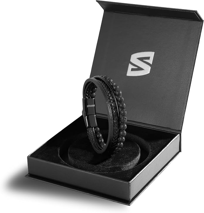 SERASAR | Premium Bracelet for Men in Genuine Black & Brown Leather | Magnetic Stainless Steel Clasp | Jewelry Box Included | Great Gift Idea