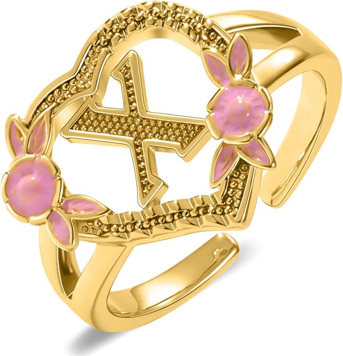 Gold Initial Rings for Women - Non Tarnish Dainty 14K Gold Plated Heart Adjustable Letter Rings for Women, Stackable Cute Thumb Pinky Fashion Open Simple Birthday Gifts Jewelry