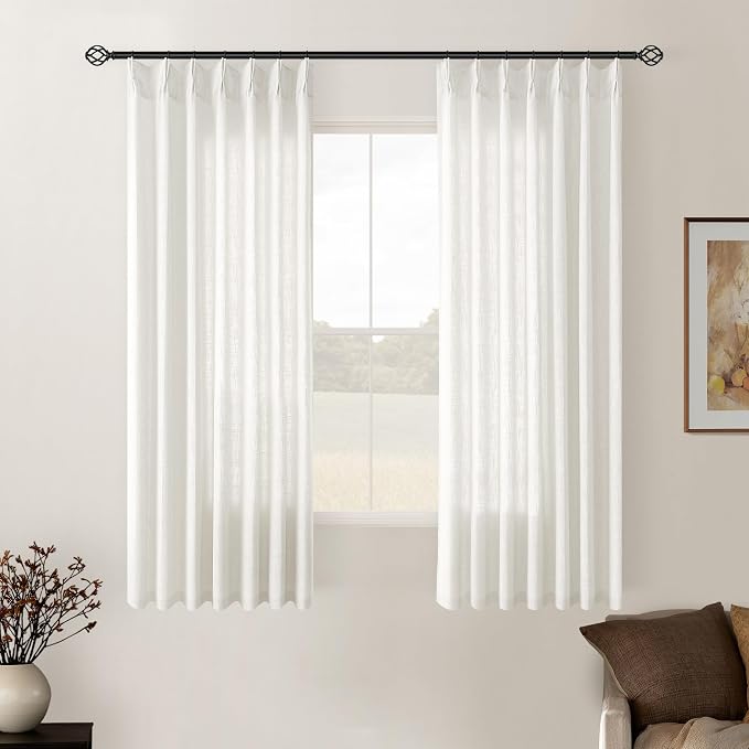 Beige White Pinch Pleated Linen Semi Sheer Curtains 54 Inch Length 2 Panels | for Dining Room Bedroom, Memory Training Shaped, Pinch Pleat Drapes with Hooks Rings, Light Filtering Window Curtain 40x54