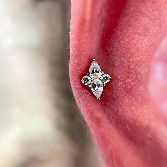 FINE4U 1PC ASTM F136 Titanium 16G Flatback Stud for Tragus, Helix, Conch 6mm 8mm - Screw on Cartilage Earring Piercing Jewelry