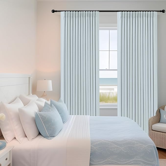 IVAPUPU Blue Pinch Pleated Full Blackout Linen Curtains for Bedroom, Black Out Curtains 108 Inches Long for Living Room Darkening Thermal Insulated Neutral Pleat Drapes with 16 Hooks, 2 Panels