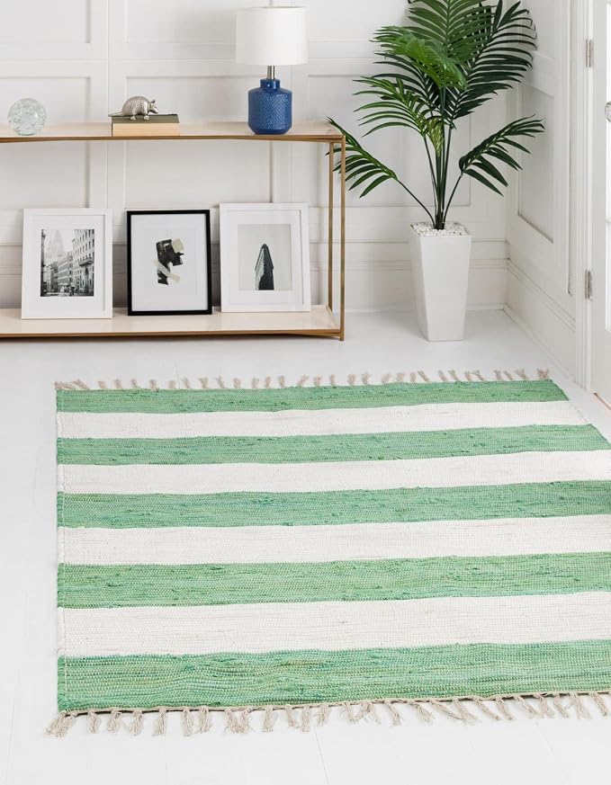 Unique Loom Chindi Rag Collection Area Rug - Striped (5' 1" Square, Green and Ivory)