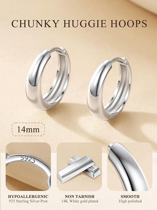 Bestyle Gold Huggies Earrings for Women Hypoallergenic 925 Sterling Silver Post Huggie Hoop Earrings Thick Lightweight Small Hoop Earrings 8/10/12/14mm