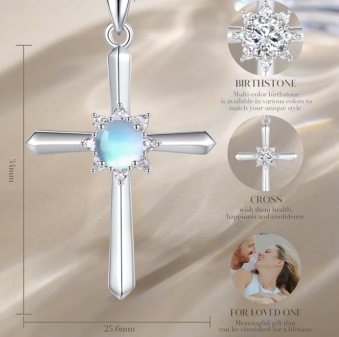 FANCIME Birthstone Cross Necklace for Women Sterling Silver Birthstone Necklace Halo Infinity Cross Pendant Necklace Fine Jewelry Valentines Day Gifts Birthday Holiday Gifts for Her, 16"+2" Inches