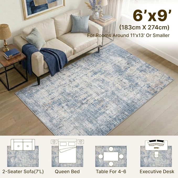 6x9 Area Rugs Washable Living Room Rug-No Slip Soft Carpets Modern Abstract Coastal Indoor Floor Stain Resistant Carpet for Bedroom Dining Room Farmhouse Nursery Home Office Blue