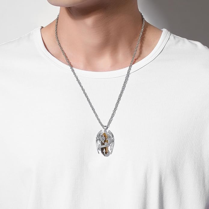 INFUSEU Unique Dragon Necklaces with Healing Crystal Stone for Men Women, Personalized Spiritual Gifts, 24 Inch Chain