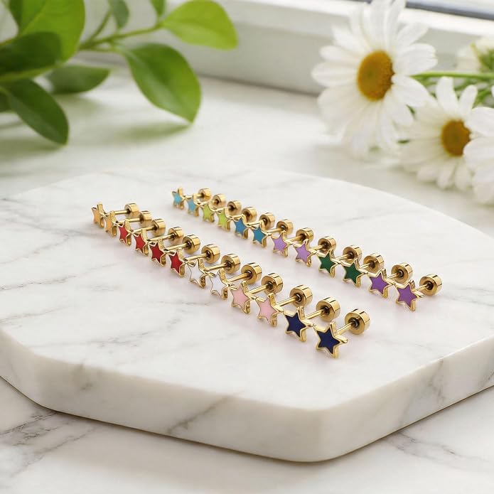 JMLOON 12 Pairs Enamel Flat Back Stud Earrings Surgical Stainless Steel Round Heart Star Square Hexagon Screw Back Stud Earrings