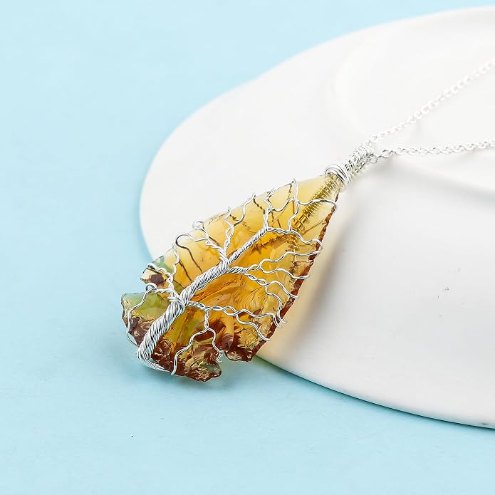 Silver Plated Wire Wrapped Pendant Necklace, Sea Glass Stones, Handmade Jewelry, Healing Crystals, Hammered Pendant, Birthday Gift for Women, Adjustable Chain 16+2inch