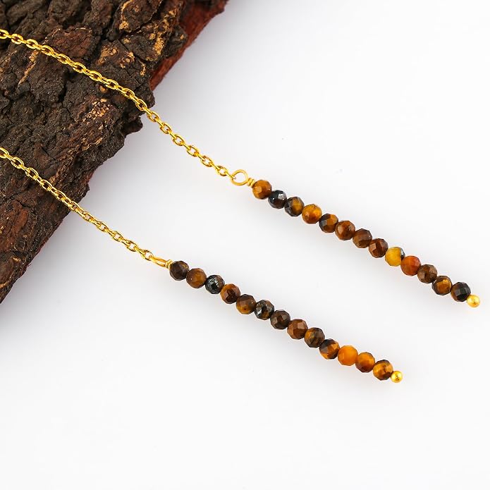 Natural Gemstone Threader Earrings for Women - Dainty 2mm Faceted Beads - Birthstone Crystal Drop Earrings - Silver Plated Healing Jewelry