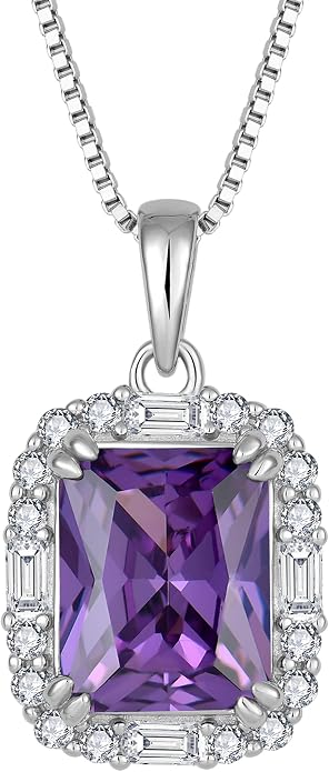Princess Cut Necklaces for Women, 925 Sterling Silver Emerald Cut Birthstone Pendant Necklace Halo Square Rectangle Jewelry Gifts for Her