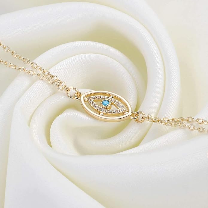 Dainty Gold Bracelets for Women, 14K Gold Plated Adjustable Layered Beads Bracelet Cute Evil Eye Oval Chain Pearl Bar Turtle Gold Bracelets for Women Jewelry