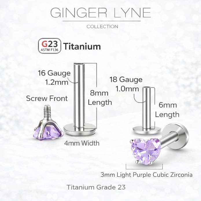Titanium Heart CZ Labret Stud Earrings for Piercings by Ginger Lyne 6Pc Set G23 Screw Front Flat Back Body Jewelry 2 pair post 6mm, 8mm Cartilage, Helix, Tragus, Lip, Conch, Lobe