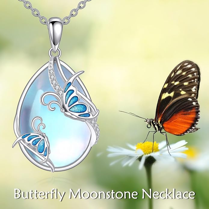 KQF Dragonfly/Butterlfy/Cat/Jellyfish/Bunny/Axolotl/Bee/Mermaid/Hummingbird/Elephant Necklace for Women Sterling Silver Moonstone Pendant Necklace Dragonfly Jewelry Gifts for Women