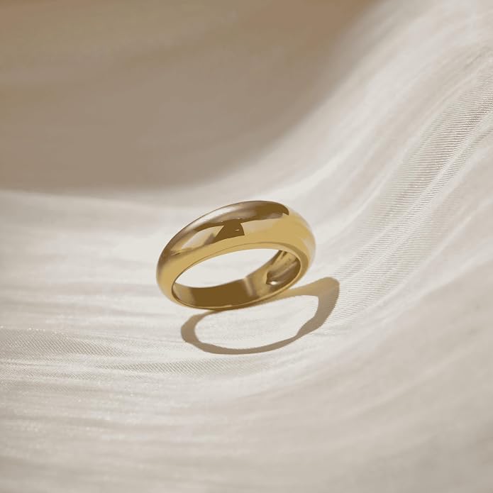 Non Tarnish Gold Chunky Rings for Women, 14K Gold Plated Statement Dome Rings Stacking Silver, Adjustable Mens Eternity Wedding Band Mixed Metal Jewelry Size 3-13