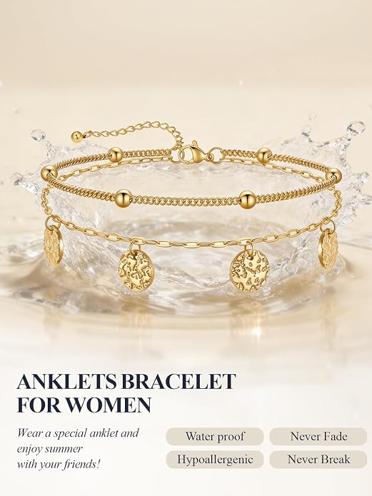 U7 Silver/Gold Ankle Bracelets for Women Layered Chain Anklets Stainless Steel Waterproof Summer Beach Anklet Cham, Adjustable 8.5"-10.5"