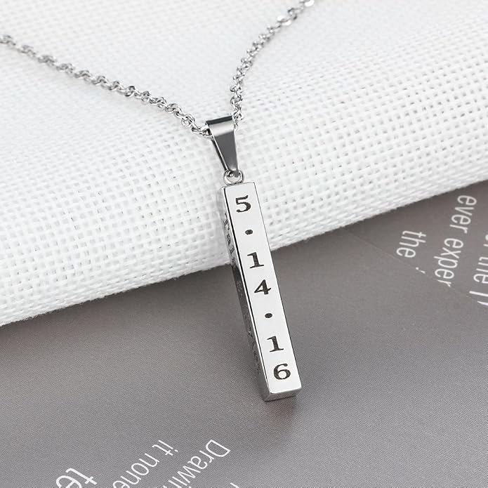 Love Jewelry Personalized Couple Stainless Steel Necklace Engraved Initial Name Vertical Bar Necklace Birthday Gift (Silver)