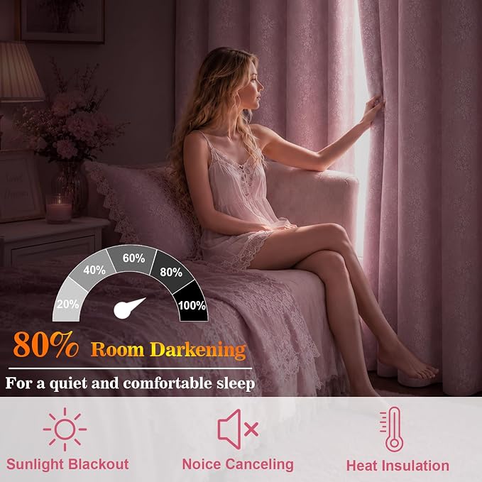 Yinhua Pink Blackout Curtains Double Layer Curtains for Bedroom 84 Inch Length Nursery Curtain for Living Room, Grommet Drapes with Tiebacks, 2 Panels, 52" W x 84" L