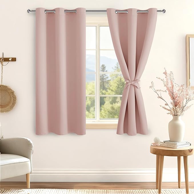 Hiasan Blackout Curtains for Bedroom - Thermal Insulated & Noise reducing Window Curtains for Living Room, 2 Drape Panels Sewn with Tiebacks, Blush, 42 x 54 Inch