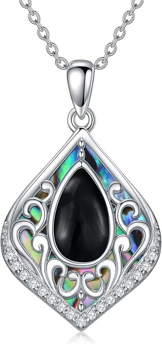 HPQQ Filigree Gemstone Necklace 925 Sterling Silver Teardrop Bohemian Necklace Abalone Shell Jewelry Birthday Gifts for Women