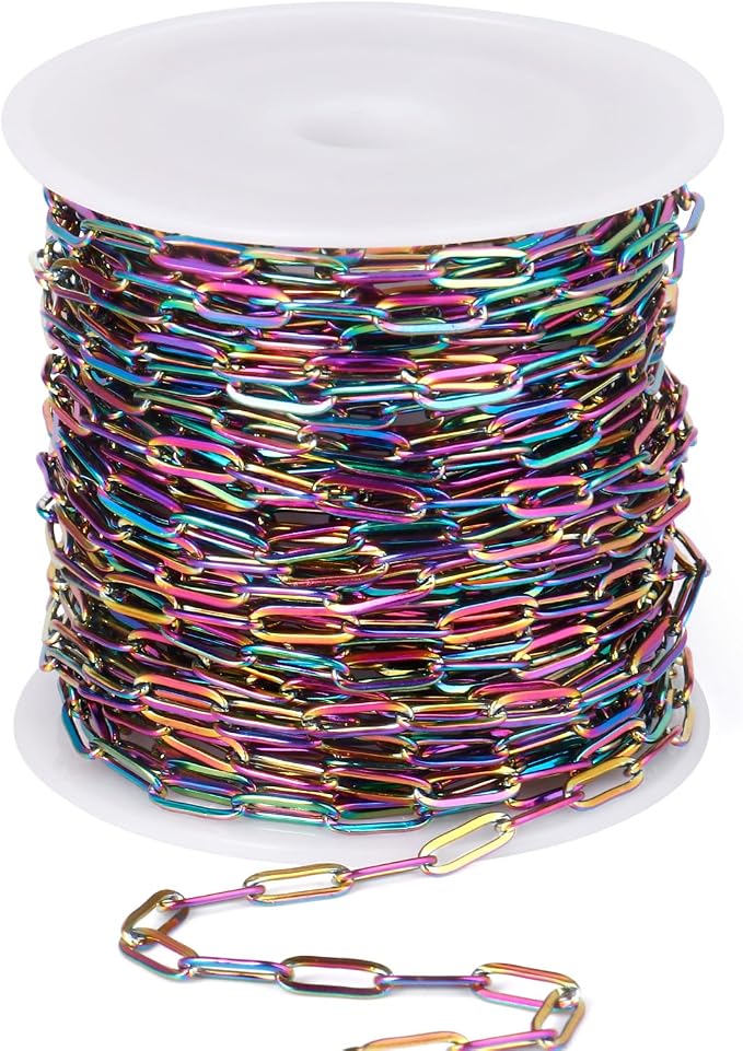 [33 Ft] Stainless Steel Paperclip Chains Roll, 2.5mm Width Rainbow Plated Stainless Steel Oval Link Chains Spool Bulk for Jewelry Making