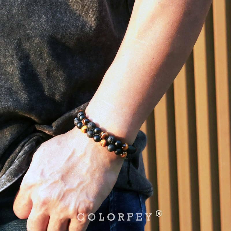 Protection Crystal Beaded Bracelet for Men, Mens Triple Protection Bracelet Tiger Eye Black Onyx Lava Bead Bracelet, Premium Handcrafted 2Row Bracelets Energy Crystal Jewelry for Balance