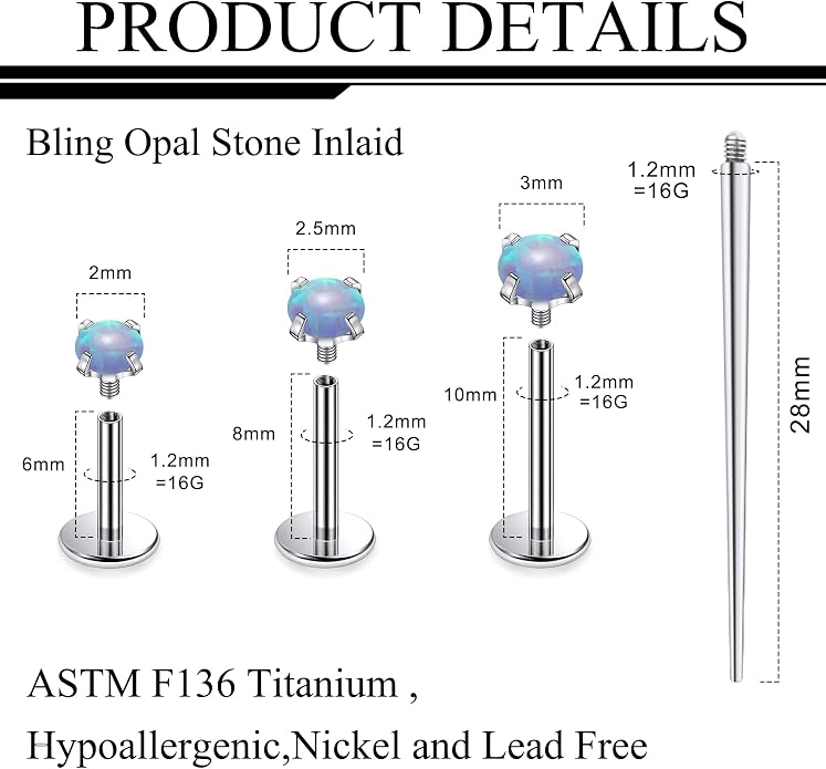 Ruifan Titanium Flat Back Lip Rings Externally Threaded Earrings Studs Nose Rings 20G 18G 16G Round Opal Tragus Cartilage Lobe Rook Helix Conch Labret Medusa Piercing Jewelry for Women Men