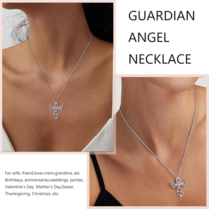 925 Sterling Silver Guardian Angel Pendant Necklace for Women - Birthstone Cubic Zirconia, 18" Chain, Gift for Her