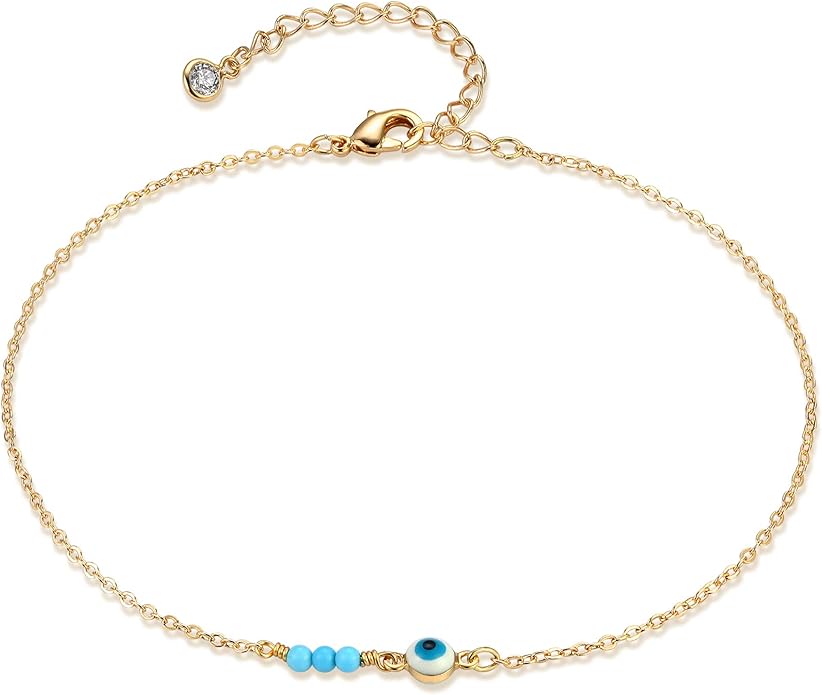 LOYATA Dainty Ankle Bracelet,14K Gold Plated Tiny Bead Anklet Dainty White Cubic Zirconia Cross Tassel Foot Chain Cute Lucky Moon Evil Eye Foot Jewelry Boho Anklets for Women