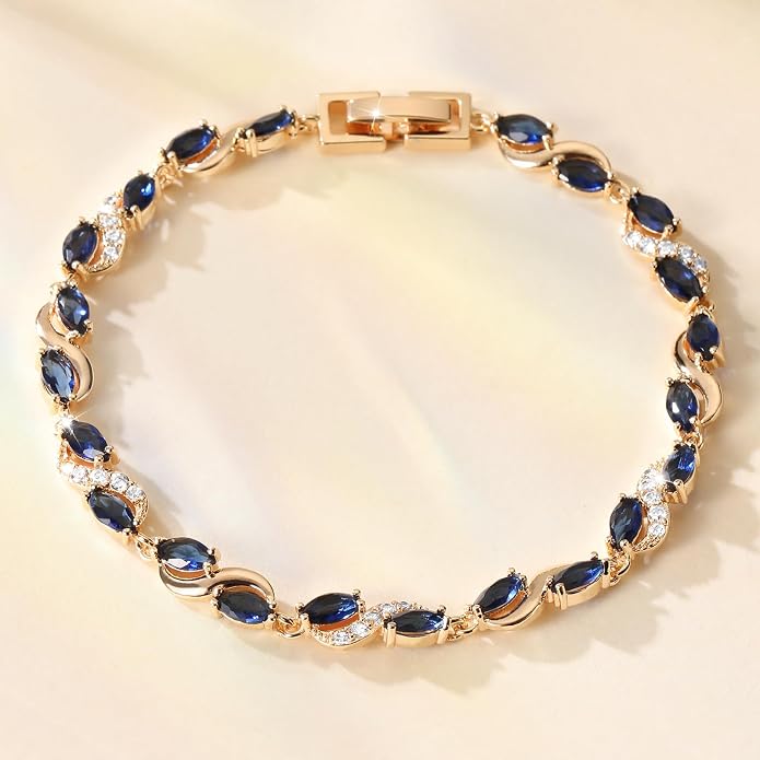 Richapex Diamond Tennis Bracelet for Women, Eternity Bracelet Blue Cubic Zirconia, Sapphire Bracelet, 18K Gold Plated Hypoallergenic Bracelets -7.48inch/190mm
