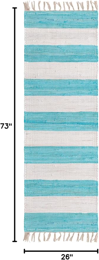 Unique Loom Chindi Rag Collection Area Rug - Striped (2' 2" x 6' 1" Runner, Turquoise and Ivory)