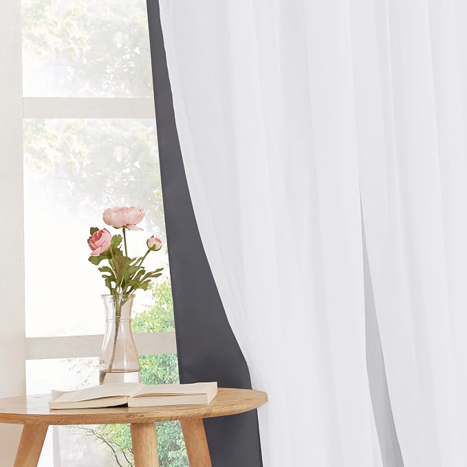 PONY DANCE Blackout Curtains for Bedroom - Sheer Drapes Double Layers Grommet Top Window Treatment Room Decor, 52 x 63 in, Grey, 2 Panels