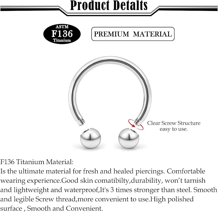 20G-2G ASTM F136 Titanium Septum Rings Nose Ring Hoops Circular Barbell Helix Snug Tragus Rook Daith Cartilage Earring Sneke Bites Lip Ring Hoop Smiley Piercing Jewelry for Women Men 6mm-19mm